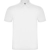 A white polo shirt with a classic collar and short sleeves, featuring a logo on the neckline.