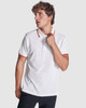 A white polo shirt featuring orange trim. The shirt has a collar and a logo on it.