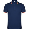 A navy polo shirt with contrasting orange trim and a branded tag at the collar. Short sleeves and a classic fit.