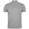A grey polo shirt featuring a classic collar and three button placket, with a logo on the chest.