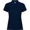 A navy women's premium polo shirt with a classic collar and short sleeves, featuring a brand logo.
