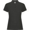 A black women's polo shirt with a collar, featuring short sleeves and a button placket. It has a logo on the label.