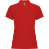 A red polo shirt with a collar and short sleeves, featuring a logo on the chest.