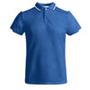 A blue polo shirt with white accents on the collar and sleeves, featuring a logo.