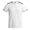 A white polo shirt with black detailing on the collar and sleeves, featuring a logo.