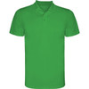 A green polo shirt with a collar and short sleeves, featuring a logo.