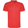 A red polo shirt featuring a collar and short sleeves, with a branding logo on the chest.