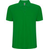 A green polo shirt with a collar and three buttons, featuring a branding logo.