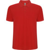 A red polo shirt with a classic collar and three-button placket, featuring a logo on the neckline.