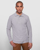A long sleeve polo shirt in grey, featuring a collar and a logo on the chest.