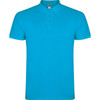A turquoise polo shirt featuring a collar and a logo on the label.