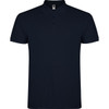 A navy blue polo shirt featuring a classic collar and a logo on the label. Simple and stylish design.