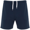 Navy sports shorts with a drawstring waist and two side pockets, featuring a logo.