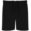 Black sports shorts with a drawstring waistband and an elastic finish. Features a logo on the side.