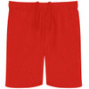 Red sports shorts featuring an elastic waistband and a drawstring, with a logo on the front.
