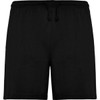 Black sports shorts featuring an elastic waistband with a drawstring. Includes a logo on the side.