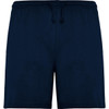 Navy shorts with an elastic waistband and drawstring, featuring side pockets and a logo.