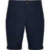 Navy blue dress shorts with a button and zip fastening, featuring rolled cuffs and a small logo on the front.