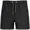 Black swimming shorts featuring a drawstring with yellow accents and a logo.