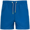 Bright blue swimming shorts with an elastic waistband and contrasting drawstring. Features branding on the side.