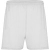 A pair of white sports shorts featuring an elastic waistband and a simple design, with a small logo.