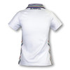 A white women's tennis top featuring a collar and multicoloured stripes along the sides, with a logo on the back.