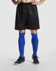 A pair of black goalkeeper shorts with a logo, paired with blue knee socks and black footwear.