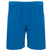 Blue sports shorts with an elastic waistband, featuring a branded logo. Suitable for athletic activities.