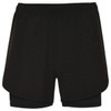 Black sports shorts featuring a layered design and an inner lining. The shorts also have a logo.