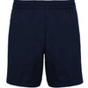 Navy blue sports shorts with an elastic waistband and a logo. Suitable for athletic activities.