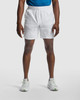 White sports shorts are featured, displayed on a person standing with hands at their sides.