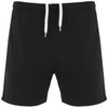 Black sports shorts featuring a drawstring and a logo on the side.