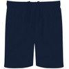 Navy blue sports shorts with an elastic waistband and a simple design. Includes a logo.