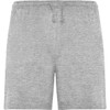 Grey sports shorts with an elastic waistband and drawstring. Features a logo on the front.