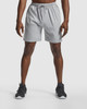 Grey sports shorts with an elastic waistband, featuring a logo, suitable for athletic wear.