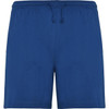 Sport shorts in solid blue, featuring an elastic waistband with drawstring and side pockets. Includes a brand logo.