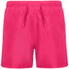 A pair of pink swim shorts with an elastic waistband and drawstring, featuring a logo.