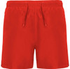 Bright red Aqua Swimming Shorts with an elastic waistband and drawstring, featuring a logo. Suitable for swimming activities.