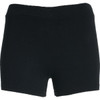 Black sports shorts with a fitted design and an elastic waistband, featuring a logo.