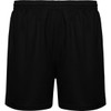 A pair of black sports shorts with an elastic waistband and a simple design, featuring a logo.