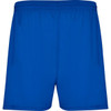 Blue sports shorts with an elastic waistband and side pockets, featuring a logo on the waistband.