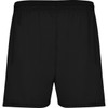 Black sports shorts featuring an elastic waistband and a simple design, with a logo on the waistband.