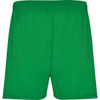 Green sports shorts with an elastic waistband, featuring a logo on the side. Perfect for active wear.