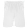 White sports shorts featuring an elastic waistband and side pockets, with a logo on the waistband.