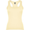 A yellow tank top with a scoop neckline and wide straps, featuring a logo at the top.