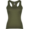 An olive green tank top with a scoop neckline and a logo on the label.