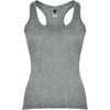 A grey tank top featuring a fitted design and a branding logo on the neckline.