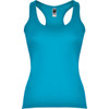 A bright turquoise Carolina tank top with a scoop neckline and racerback design. It features a logo.