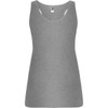 A grey tank top featuring slim straps and a relaxed fit. Includes a logo on the neckline.