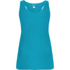 A bright turquoise tank top with a scoop neckline and thin straps, featuring a logo tag.